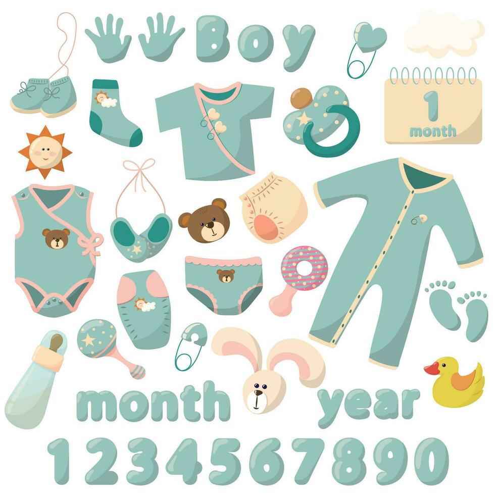 Baby boy sticker set. First year of life. Diapers, pacifier, rattles, calendar, clothes, panties, t-shirts, prints vector