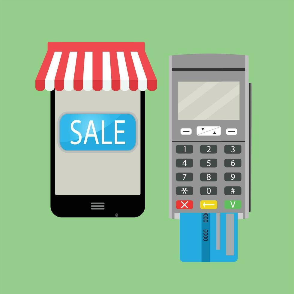 en línea compra con teléfono inteligente y crédito tarjeta. en línea compras, vector en línea pago ilustración