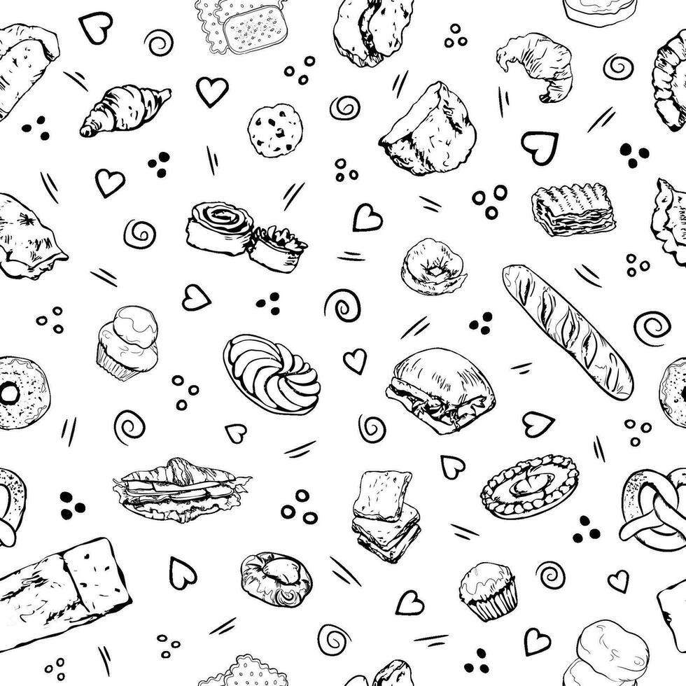 Bakery items black and white pattern with doodle elements vector