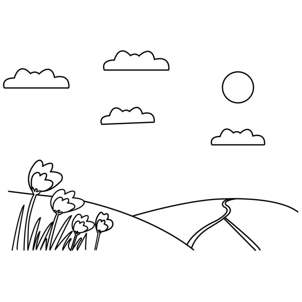 a black and white drawing of a road and flowers vector