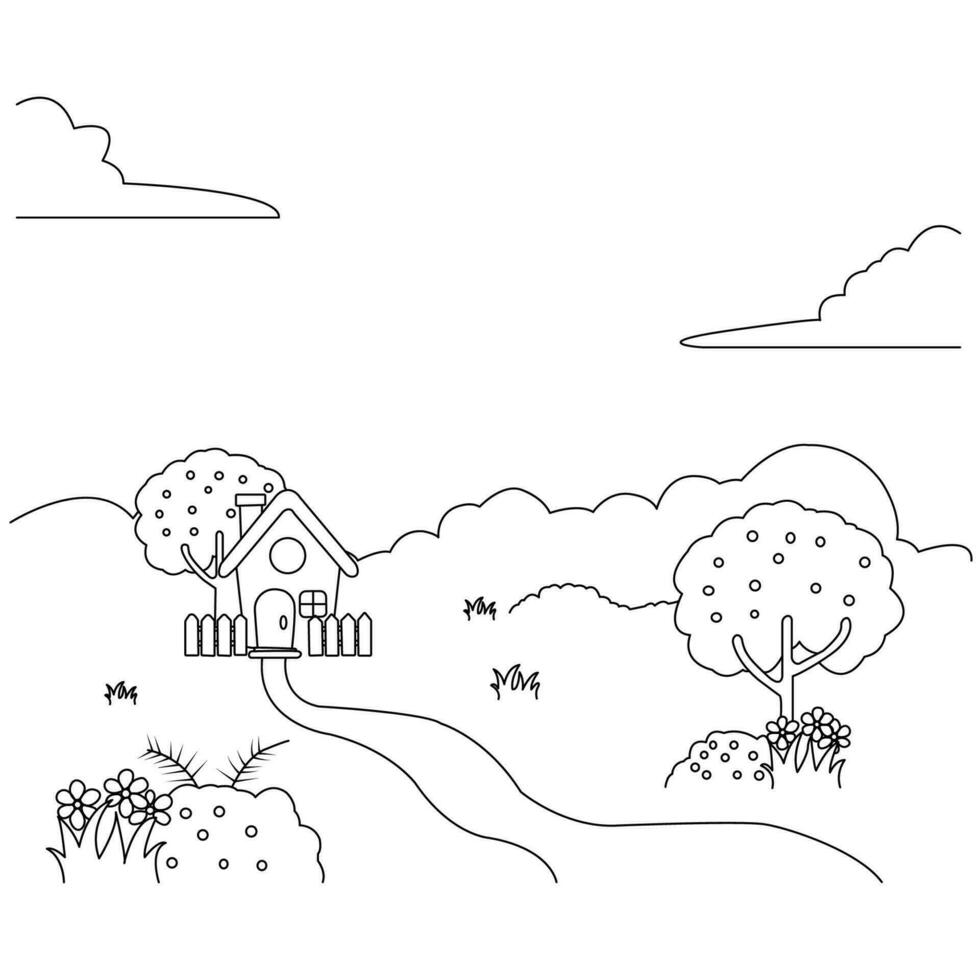 a coloring page with a house and trees vector