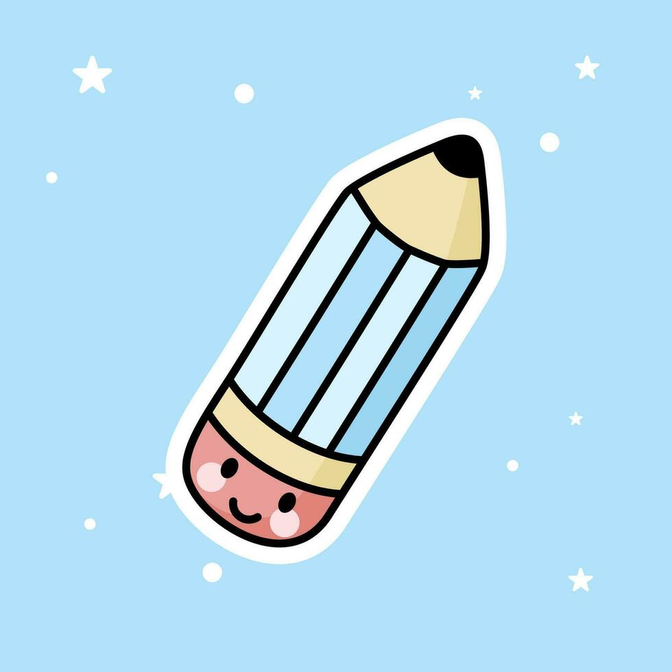 Cute Kawaii Pencil isolated on a blue background. vector
