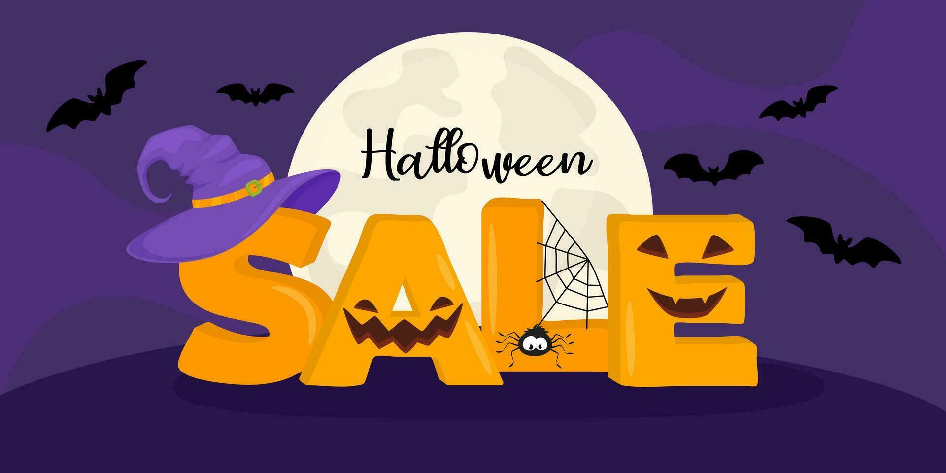 Halloween Sale banner with letters Sale and holiday symbols pumpkin and witch hat. Design for banner, voucher, offer, coupon, holiday sale. Vector illustration