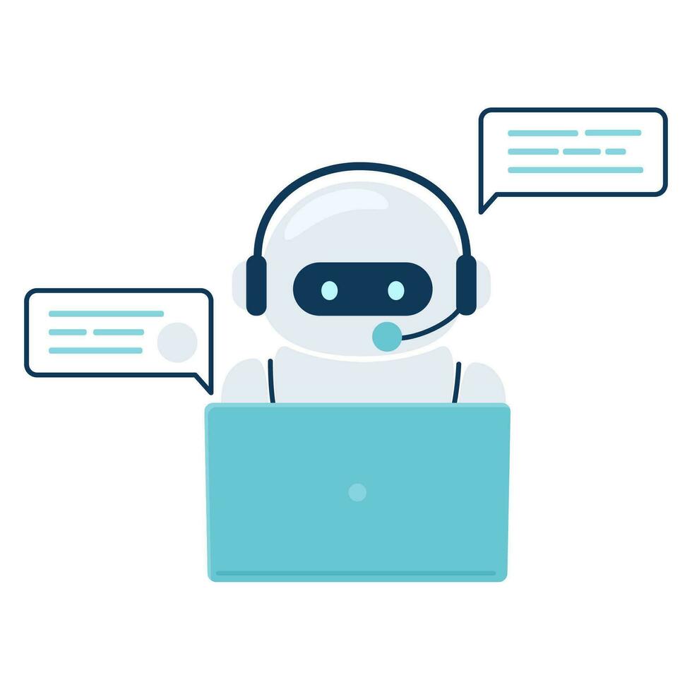 Digital chat bot, robot assistant for customer support. Concept of virtual conversation assistant for getting help. Robot is working on a laptop. Vector illustration isolated on white background.