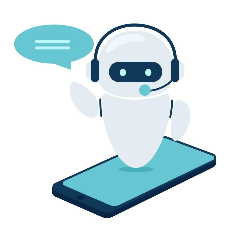 Digital chat bot, robot assistant for customer support. Concept of virtual conversation assistant for getting help. Vector illustration isolated on white background.