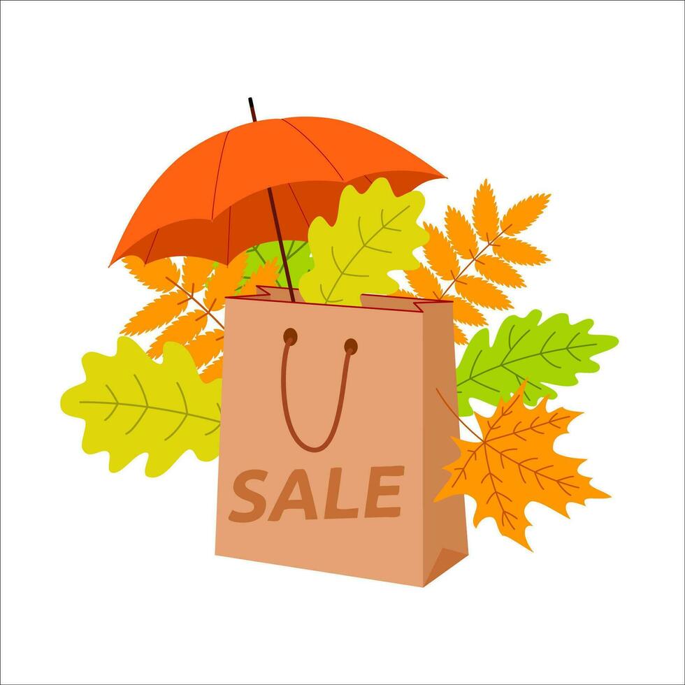 Vector illustration of autumn sale. Umbrella, shopping bag, autumn leaves. Banner, landing page, poster, label, web header template for design.