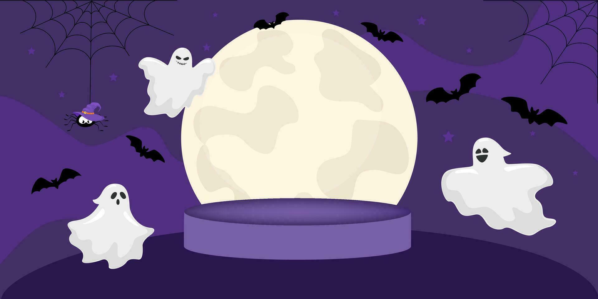 Happy Halloween. Halloween concept with bats, pumpkin, moon, ghost and stage podium on black background. Vector illustration design template for banner or poster.