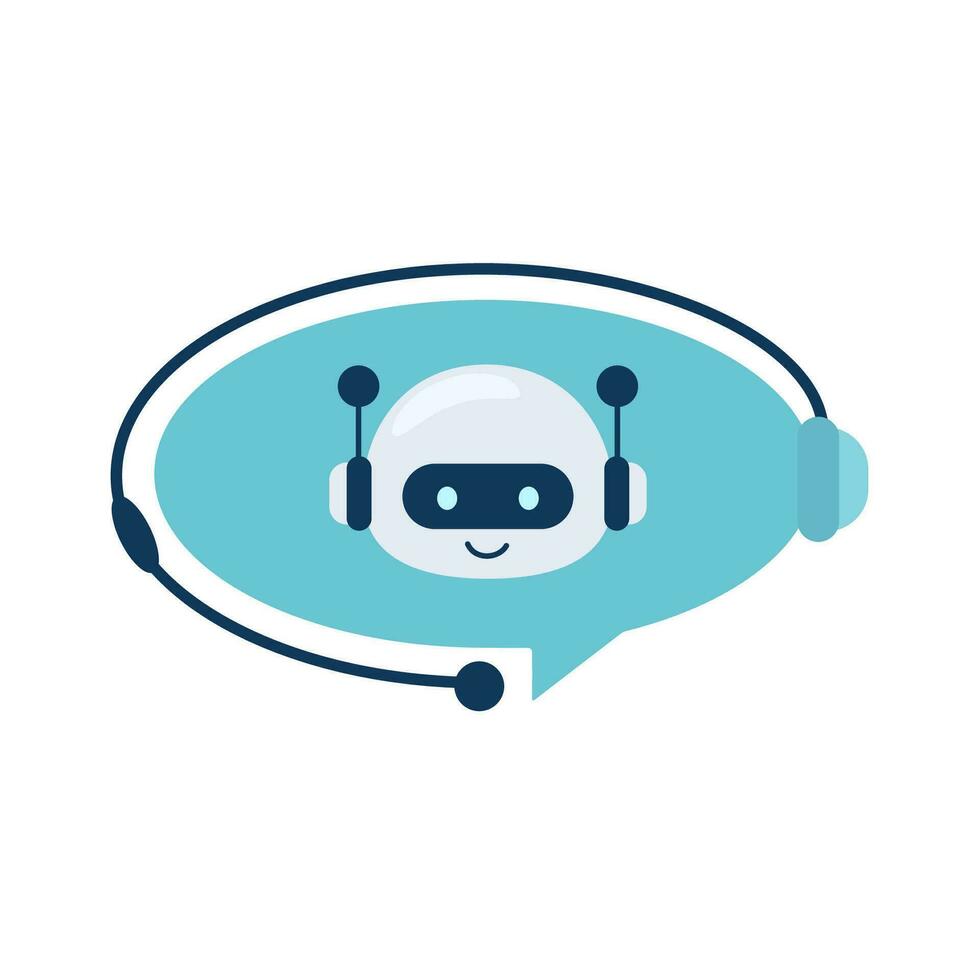 Digital chat bot, robot assistant for customer support. Concept of virtual conversation assistant for getting help. Robot head in a speech bubble. Vector illustration isolated on white background.
