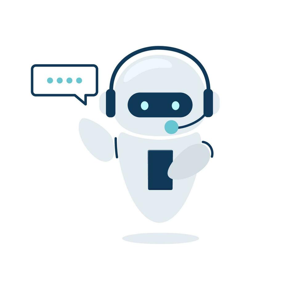 Digital chat bot, robot assistant for customer support. Concept of virtual conversation assistant for getting help. Vector illustration isolated on white background.