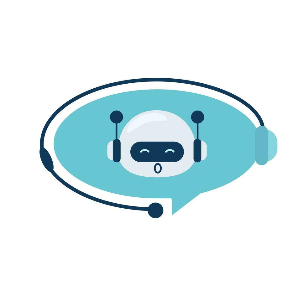 Digital chat bot, robot assistant for customer support. Concept of virtual conversation assistant for getting help. Robot head in a speech bubble. Vector illustration isolated on white background.