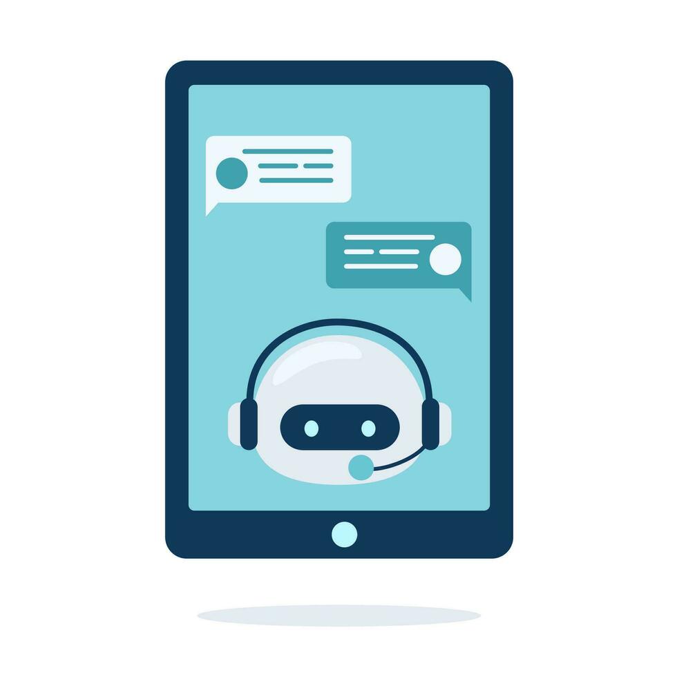 Digital chat bot, robot assistant for customer support. Concept of virtual conversation assistant for getting help. Vector illustration isolated on white background.