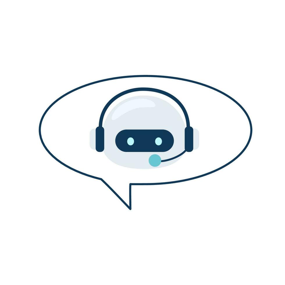 Digital chat bot, robot assistant for customer support. Concept of virtual conversation assistant for getting help. Robot head in a speech bubble. Vector illustration isolated on white background.