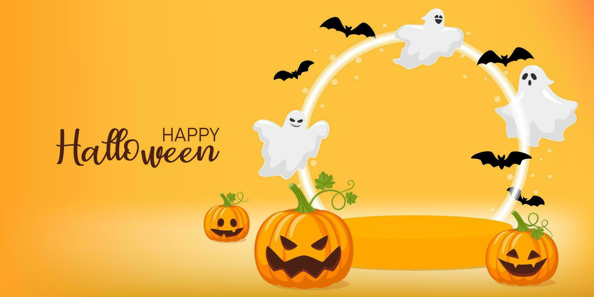 Happy Halloween. Halloween concept with bats, pumpkin, moon ghost and stage podium on orange background. Vector illustration design template for banner or poster.