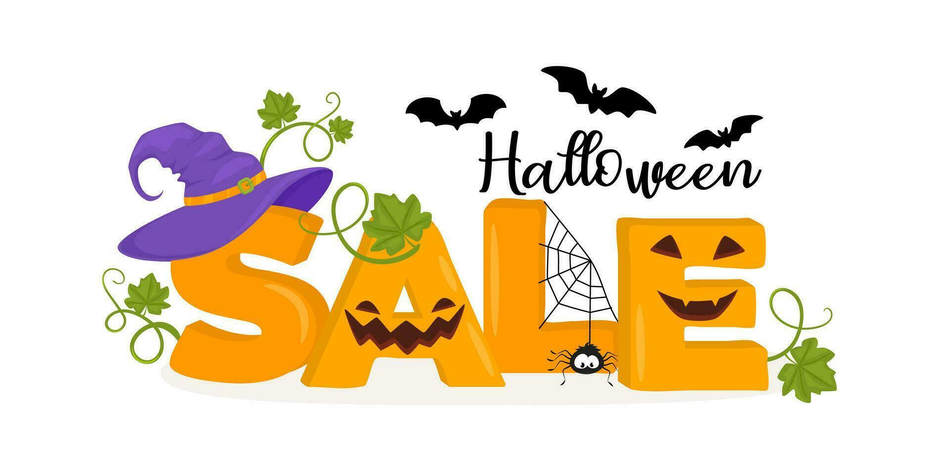 Halloween Sale banner with letters Sale and holiday symbols pumpkin and witch hat. Design for banner, voucher, offer, coupon, holiday sale. Vector illustration