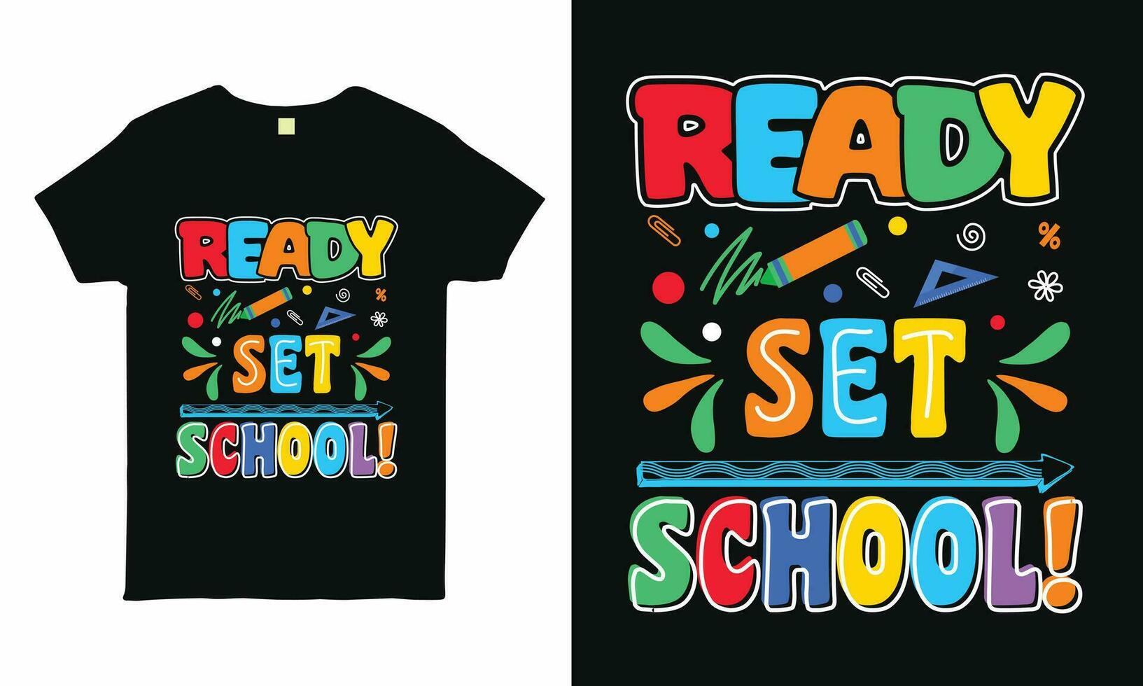 Dynamic 'Ready, Set, School' typography tee, perfect for back to school vibes. Inspiring and vibrant design. vector