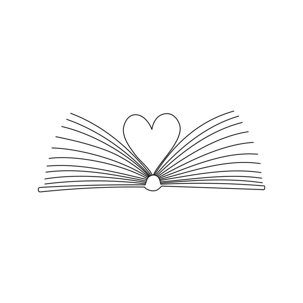 Outline doodle open book with pages folded in shape of heart. Symbol of knowledge, learning, reading, literature. A concept for book lovers. Hand drawn black white isolated vector illustration.