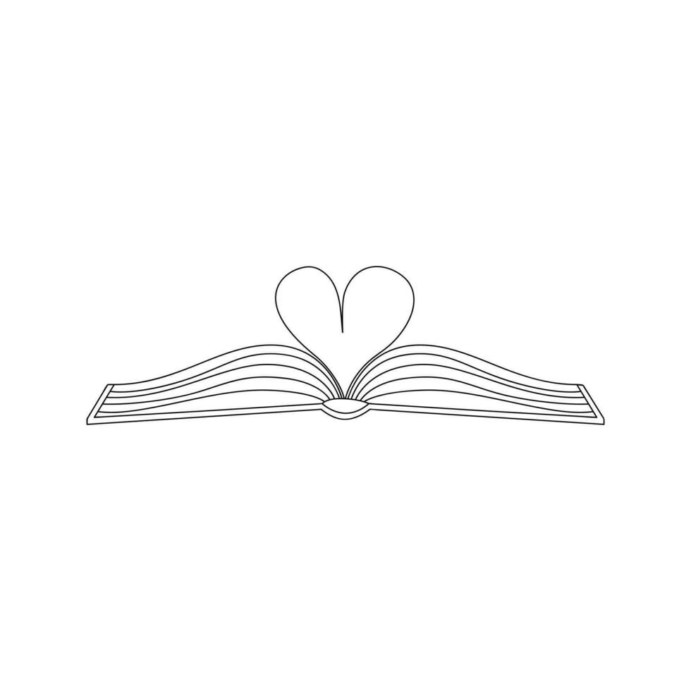 Outline doodle open book with pages folded in shape of heart. Symbol of knowledge, learning, reading, literature. A concept for book lovers. Hand drawn black white isolated vector illustration.