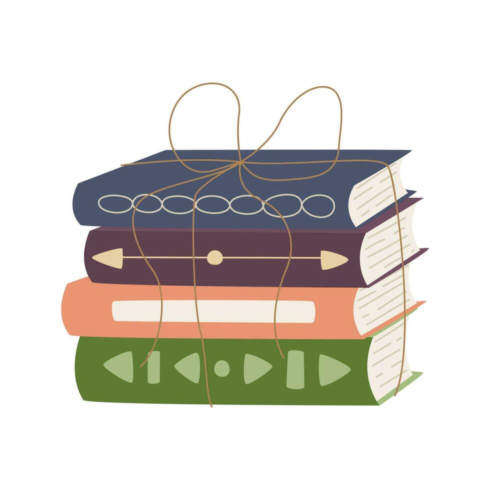 A stack of hardcover books. A pile of textbooks tied with a rope. Various books for lovers of reading, learning, education. Flat cartoon vector illustration isolated on a white background