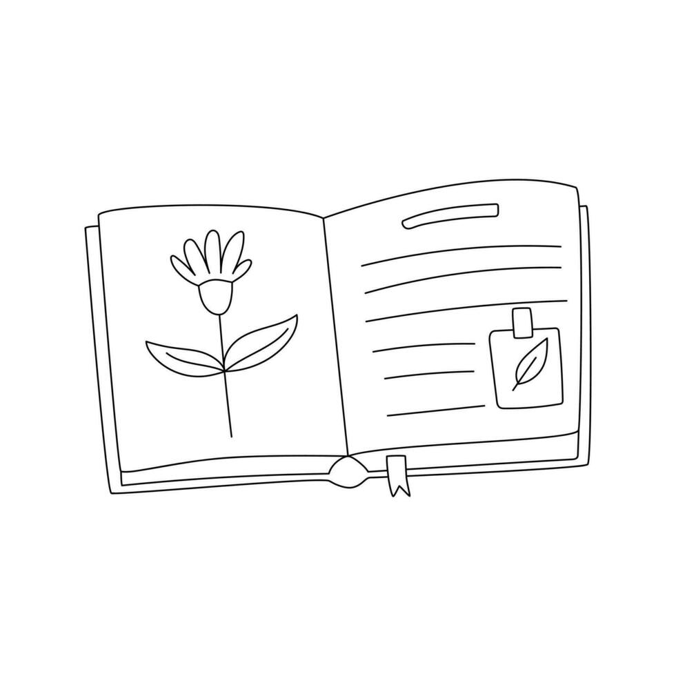 Doodle hand drawn herbarium with a flower, sticker and bookmark. Encyclopedia, open book with botanical illustration. Black and white outline vector decorative element isolated on a white background.