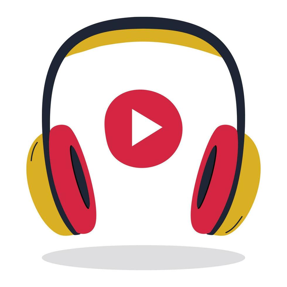 Professional studio over-ear headphones with large ear pads. Red button Play between headphones. Equipment for , listening to music, podcast. Flat vector illustration isolated on white background.