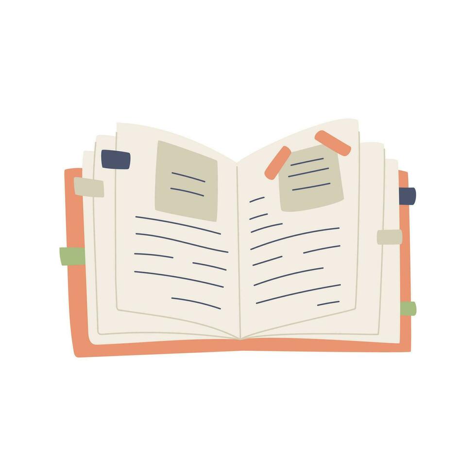 An open diary for writing, notes, planning with stickers and bookmarks. Notepad making notes, diary, planning, reminder. Flat cartoon vector illustration isolated on a white background