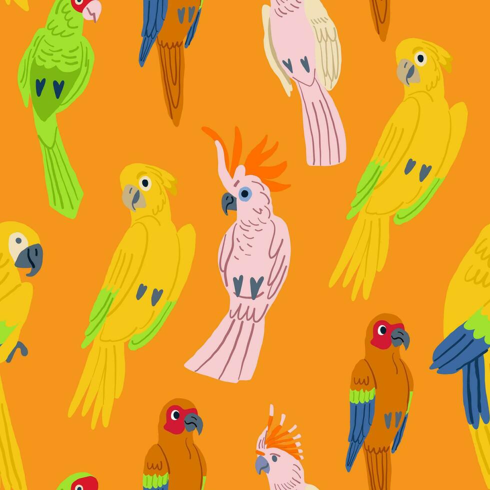 Cute tropical birds on orange. Parrots and toucan sitting on branches. Seamless tropical pattern background. vector