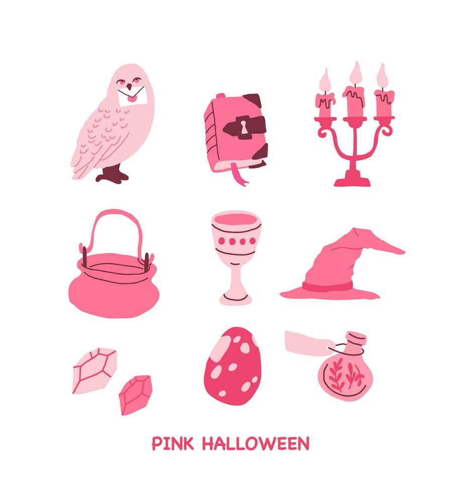 Pink Halloween vector set with candles, mail owl, book of spells, cauldron, pot, goblet, magic hat, diamonds, egg, magic potion bottle. Pink print in flat style. Halloween party symbols