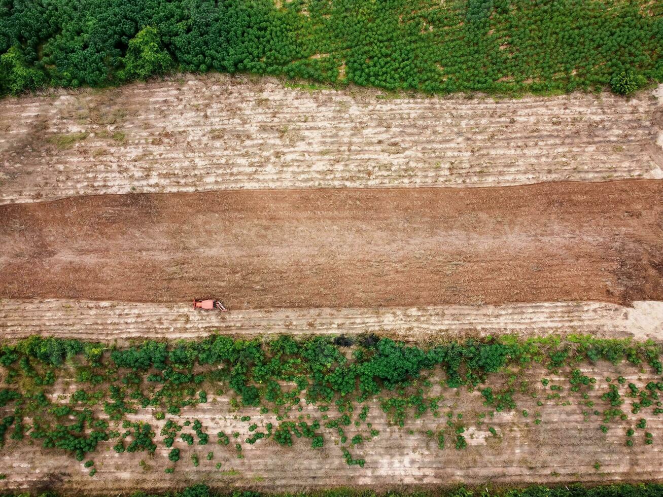 Aerial view from flying drone, Agricultural machines are working photo