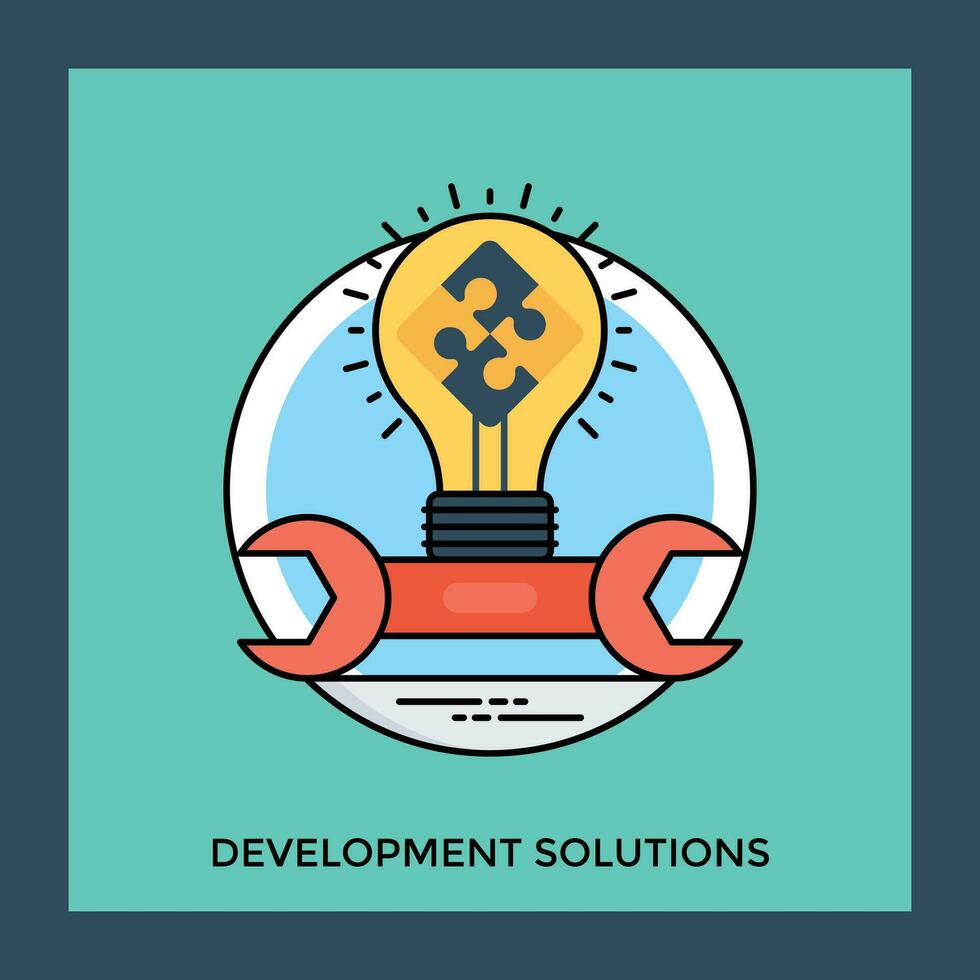 Two way wrench with light bulb having puzzle pieces sketching development solution vector