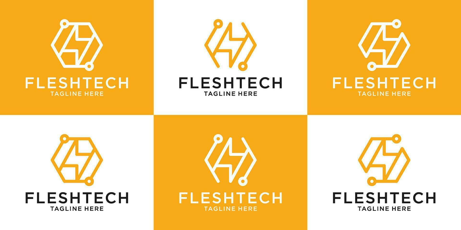 set logo design inspiration line hexagon with flash technology style vector