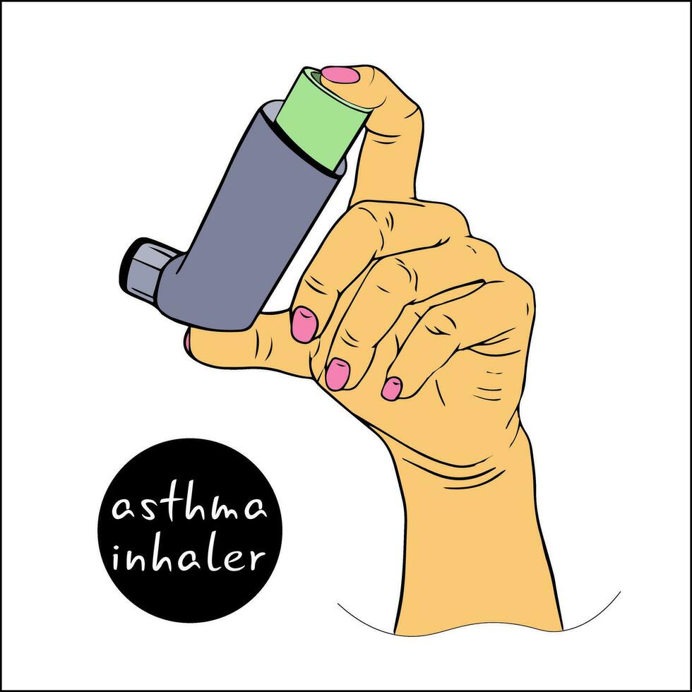 Female hand holds asthma inhaler in close-up.woman treating asthma with inhaler. concept of chronic lung diseases. World Asthma Day. vector