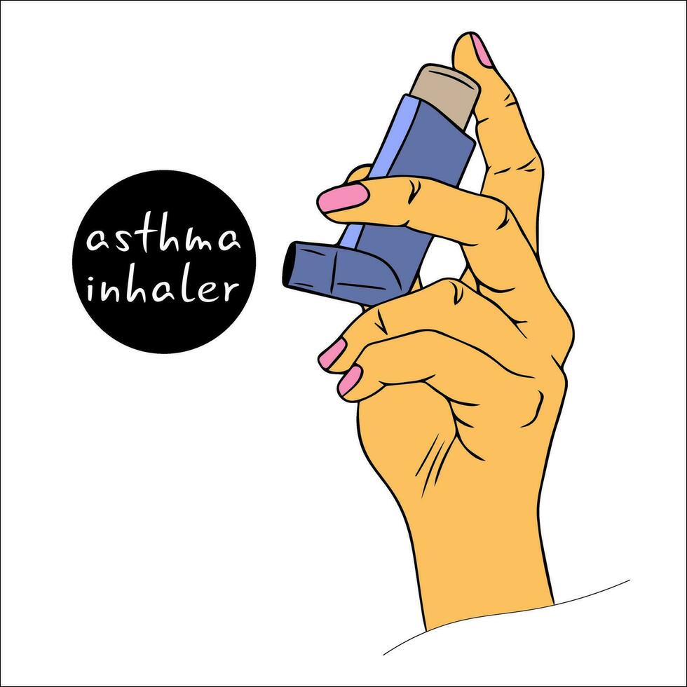 Woman hand holding asthma inhaler in close-up.  medicinal products for the treatment of shortness of breath and wheezing. Chronic disease control vector