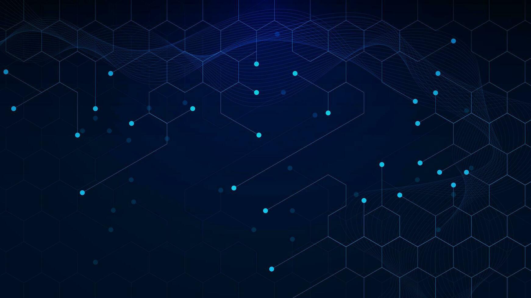 Abstract hexagons background with glowing particles and wave flow. Big data visualization, network connection and communication. Science and technology concept. Vector illustration.