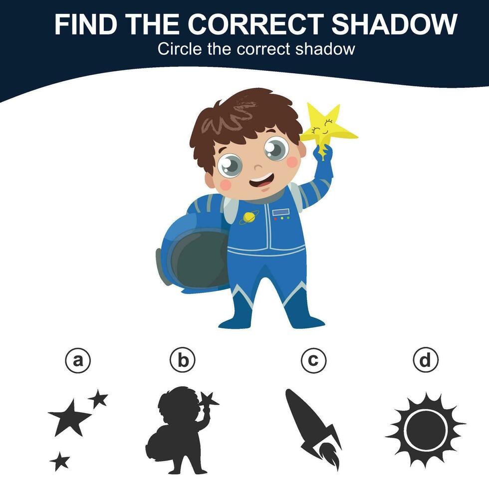 Find the correct shadow. Match the image with the shadow. Worksheet for kid. Educational printable worksheet. Simple gaming level for preschool kids. Vector illustration.