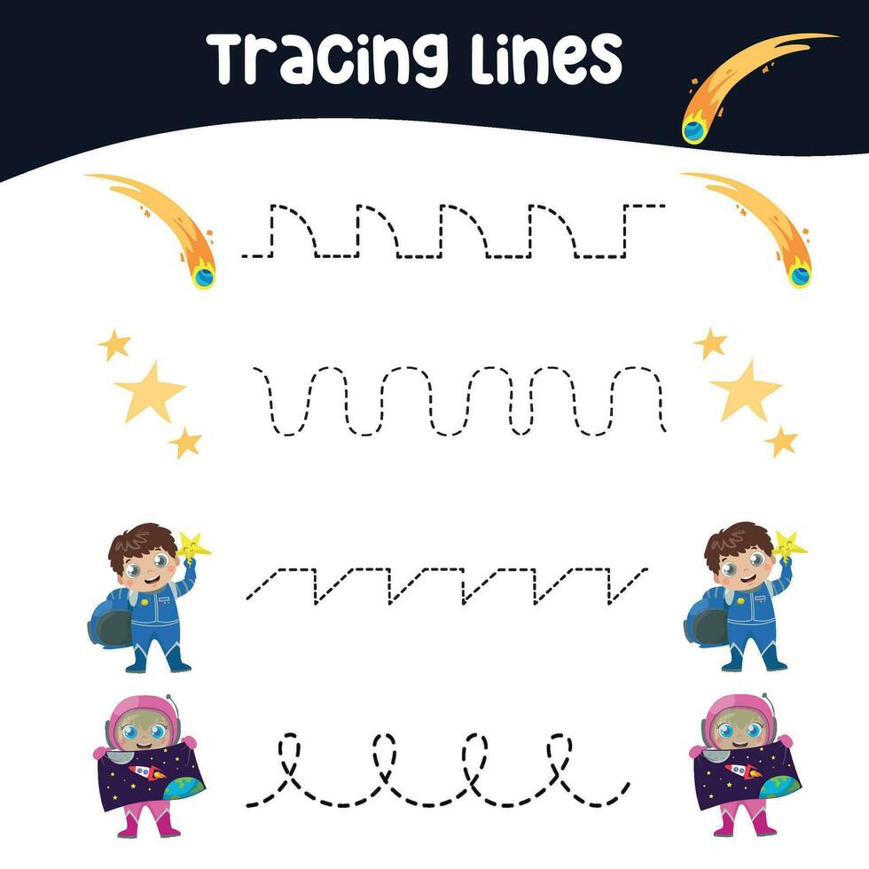 Tracing lines activity for children. Tracing worksheet for kids. Educational printable worksheet. Vector illustration.