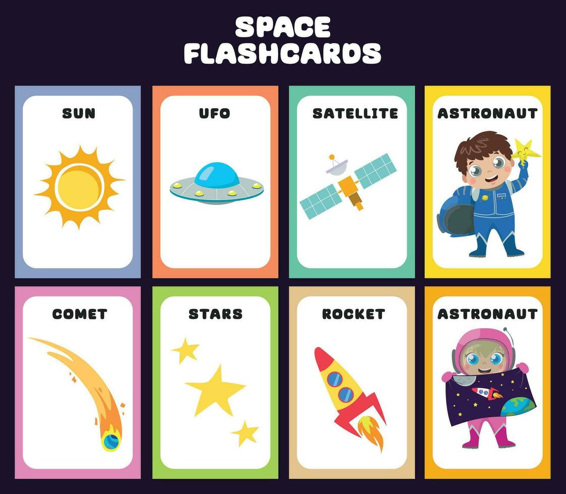 Space exploration and the solar system flashcards for kids learning about planets, solar system, and space. Vector illustrations of space things. Printable vector file.