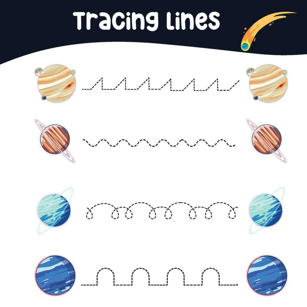 Tracing lines activity for children. Tracing worksheet for kids. Educational printable worksheet. Vector illustration.