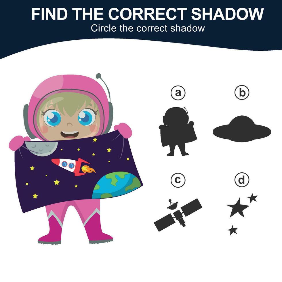 Find the correct shadow. Match the image with the shadow. Worksheet for kid. Educational printable worksheet. Simple gaming level for preschool kids. Vector illustration.