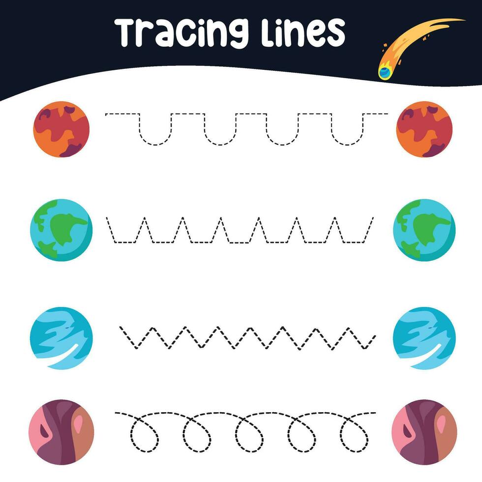 Tracing lines activity for children. Tracing worksheet for kids. Educational printable worksheet. Vector illustration.