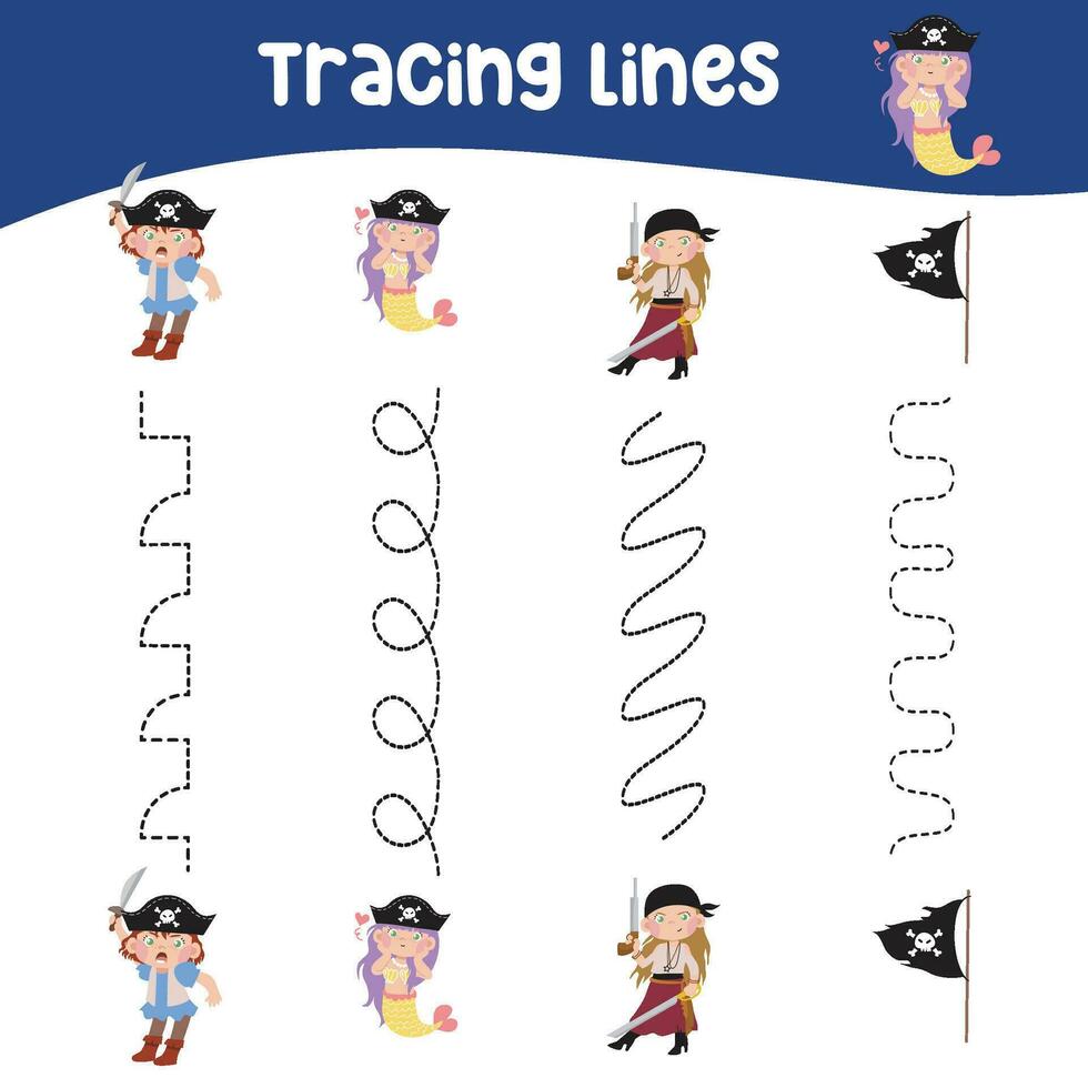 Tracing lines activity for children. Tracing worksheet for kids. Educational printable worksheet. Vector illustration