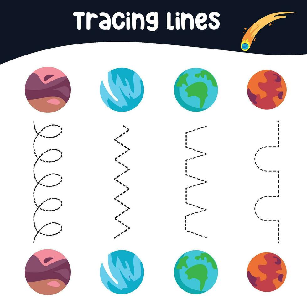 Tracing lines activity for children. Tracing worksheet for kids. Educational printable worksheet. Vector illustration.