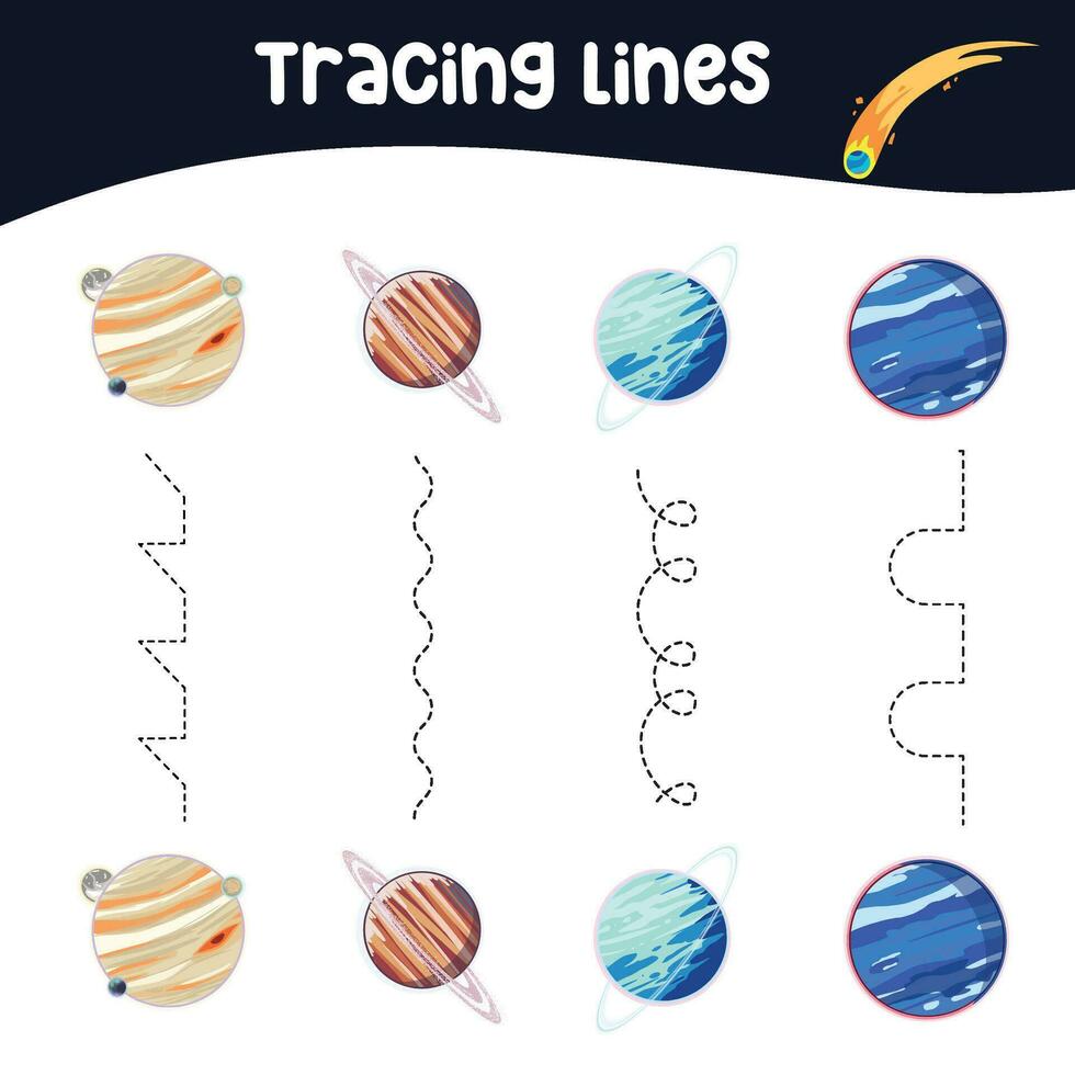 Tracing lines activity for children. Tracing worksheet for kids. Educational printable worksheet. Vector illustration.