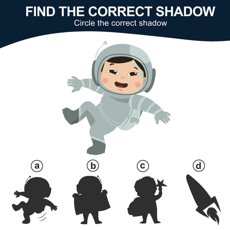 Find the correct shadow. Match the image with the shadow. Worksheet for kid. Educational printable worksheet. Simple gaming level for preschool kids. Vector illustration.