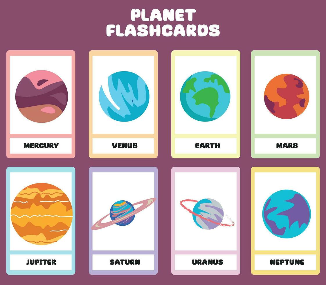 Planets in the solar system flashcards for kids learning about planets, solar system, and space. Vector illustrations of solar system planets with their names. Printable vector file.