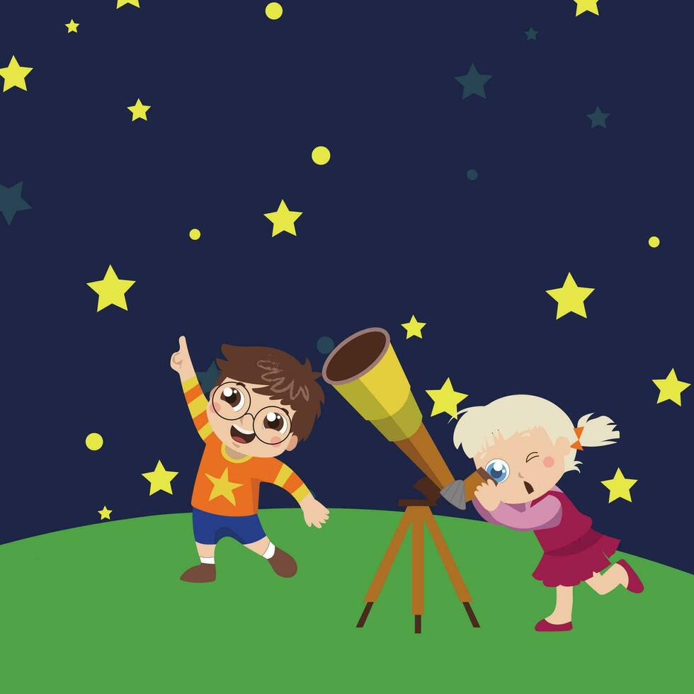 clipart de linda pequeño chico y niña señalando en el cielo mientras explorador el galaxia con un telescopio. vector