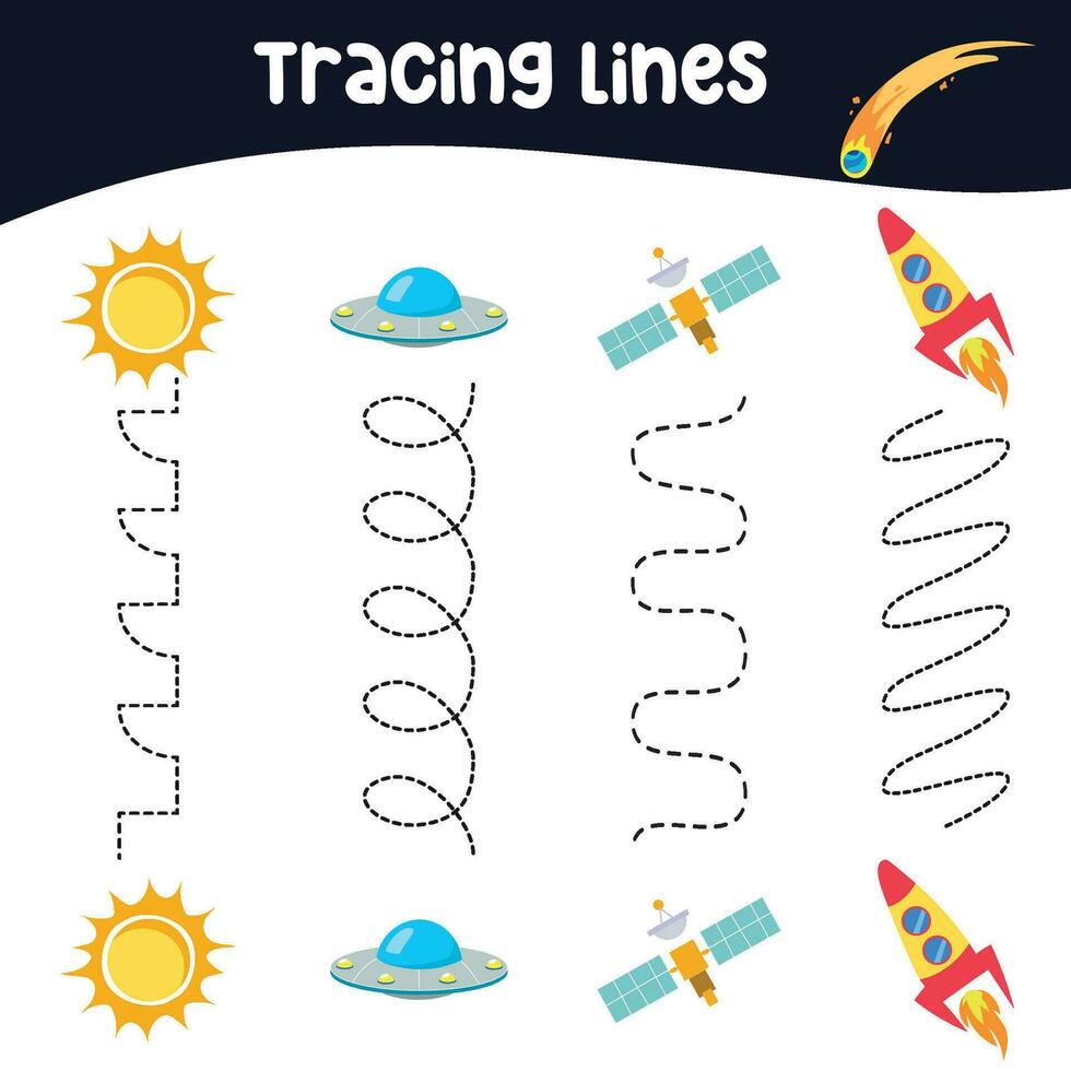 Tracing lines activity for children. Tracing worksheet for kids. Educational printable worksheet. Vector illustration.