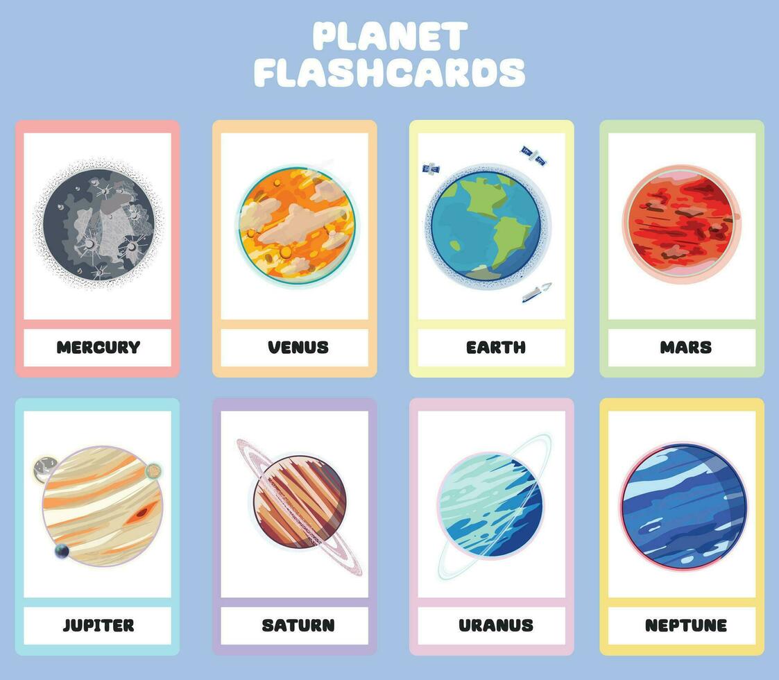 planetas en el solar sistema tarjetas didácticas para niños aprendizaje acerca de planetas, solar sistema, y espacio. vector ilustraciones de solar sistema planetas con su nombres imprimible vector archivo.