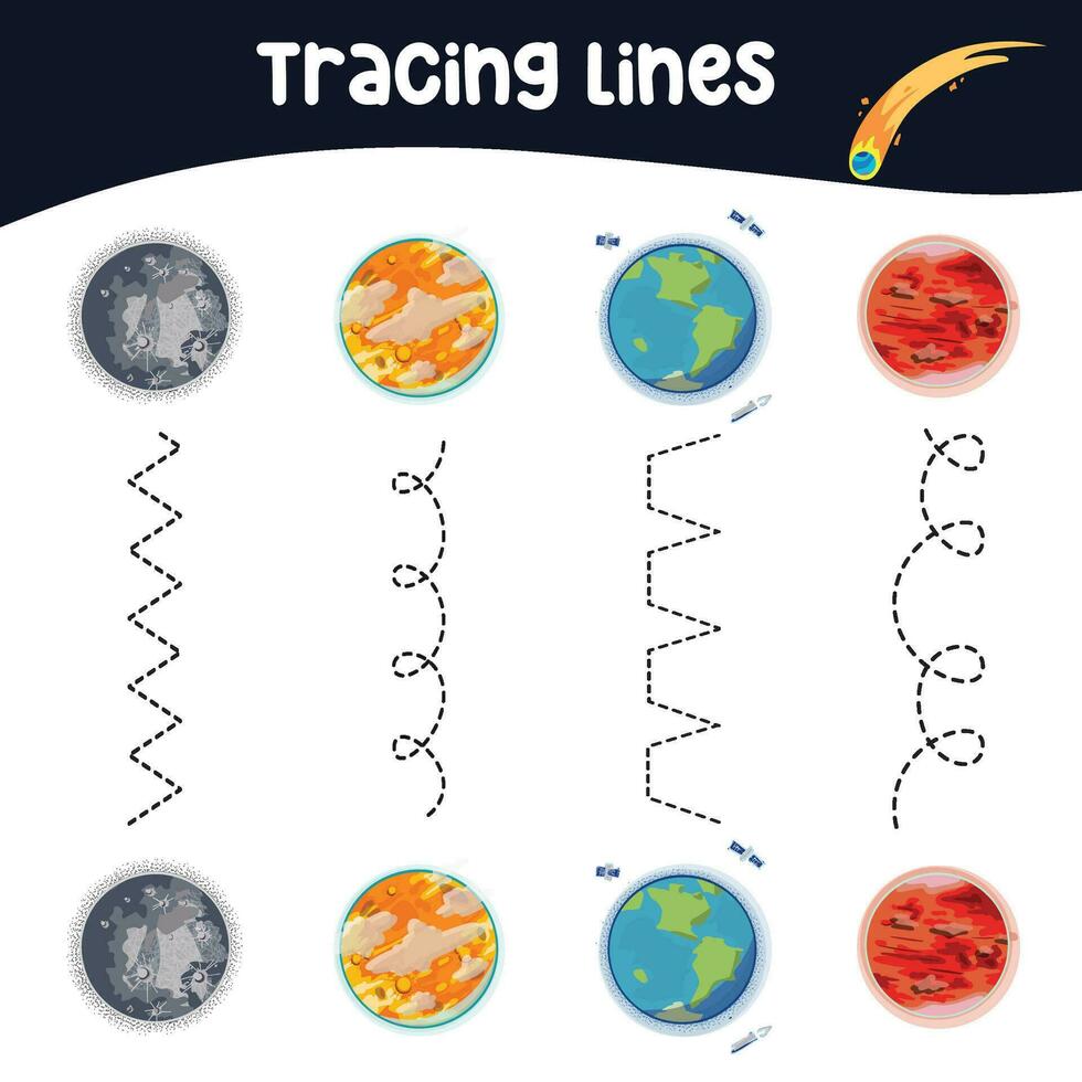 Tracing lines activity for children. Tracing worksheet for kids. Educational printable worksheet. Vector illustration.