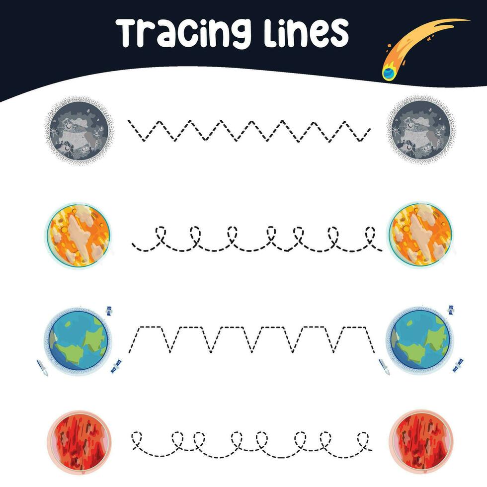 Tracing lines activity for children. Tracing worksheet for kids. Educational printable worksheet. Vector illustration.