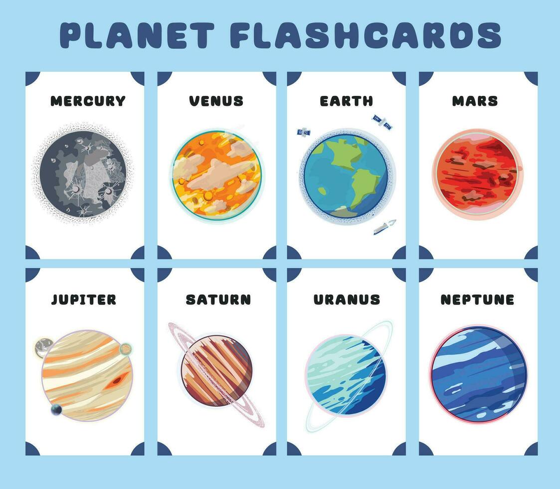 Planets in the solar system flashcards for kids learning about planets, solar system, and space. Vector illustrations of solar system planets with their names. Printable vector file.